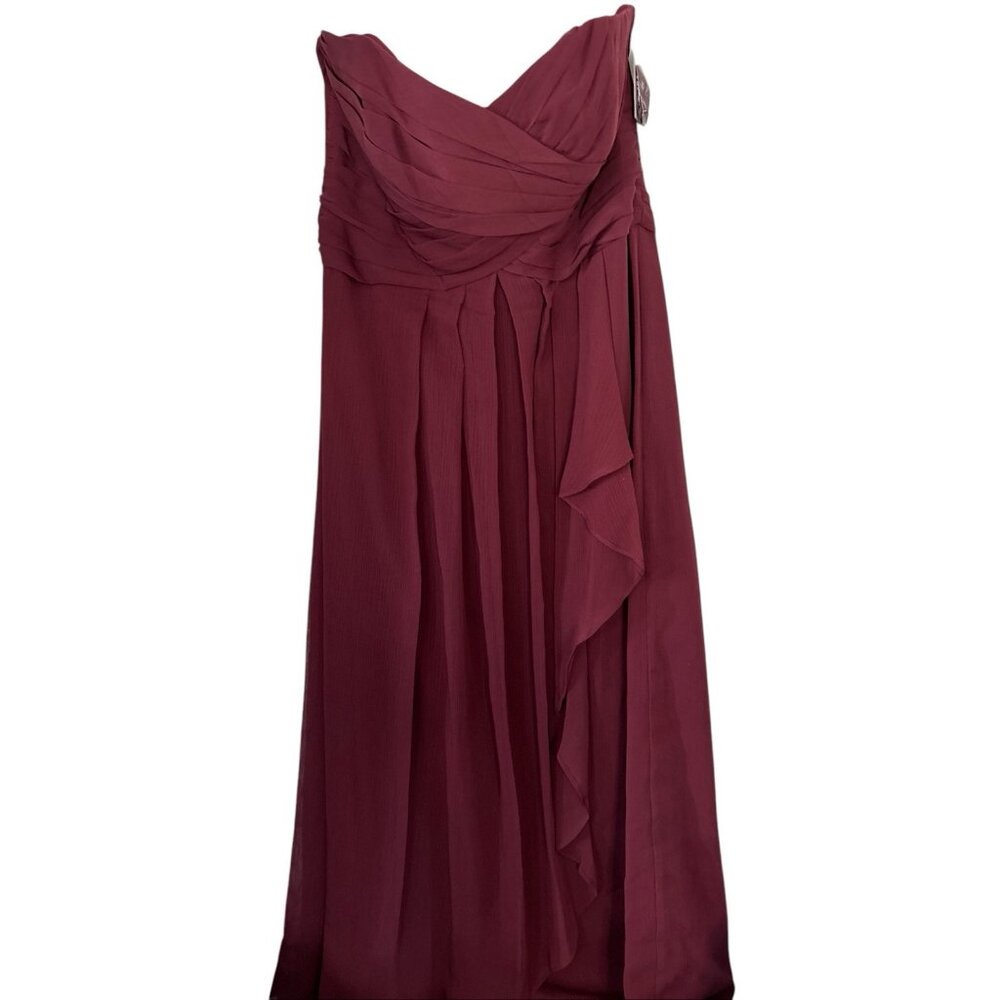 Davids Bridal Ruffle Dress Women's Size 14 Burgundy Back Zip 53" Long Strapless